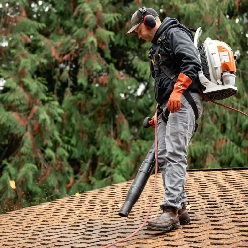 Roof blow off removing leaves and debris from shingles to prevent clogs