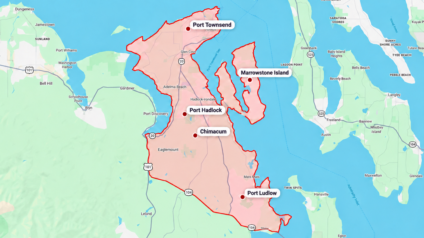 Service area map highlighting Port Townsend, Port Hadlock, Chimacum, Port Ludlow, and Marrowstone Island, with Cape George and Indian Island included in the shaded coverage.